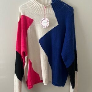 Umgee Bold Color Block Sweater - Pink, Blue, and Cream